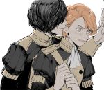  2boys black_hair blush epaulettes ferdinand_von_aegir fire_emblem fire_emblem:_three_houses garreg_mach_monastery_uniform gloves hair_over_one_eye highres hubert_von_vestra multiple_boys open_mouth orange_eyes orange_hair reo000222 white_background yaoi 