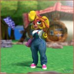  1:1 2019 3d_(artwork) activision anthro bandicoot big_breasts black_nose blender_(software) blonde_hair breasts building clothed clothing coco_bandicoot computer crash_bandicoot_(series) digital_media_(artwork) eyeshadow female flower fur green_eyes hair hi_res house laptop lipstick long_hair makeup mammal marsupial one_eye_closed outside overalls plant small_waist solo standing tahlian thick_thighs tree video_games wide_hips 