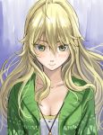  1girl ahoge blonde_hair blush breasts collarbone commentary_request green_eyes green_jacket hair_between_eyes hoshii_miki idolmaster idolmaster_million_live! idolmaster_million_live!_theater_days jacket jewelry long_hair looking_at_viewer medium_breasts necklace shirt smile solo white_shirt yoropa 