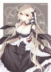  1girl absurdres azur_lane black_bow black_dress bow breasts cleavage closed_mouth collarbone detached_collar dress dress_lift flight_deck formidable_(azur_lane) frilled_dress frills hair_bow highres large_breasts long_hair long_sleeves looking_at_viewer paaru red_eyes roman_numerals silver_hair solo standing twintails very_long_hair 