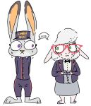  ... anthro bottomwear bovid caprine clothed clothing dawn_bellwether disney duo english_text eyewear glasses green_eyes judy_hopps lagomorph leporid mammal nobby_(artist) purple_eyes rabbit sheep skirt speech_bubble text zootopia 