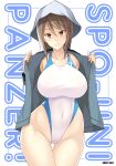  1girl ass_visible_through_thighs blue_headwear breasts brown_eyes brown_hair commentary_request competition_swimsuit cover cover_page covered_navel cowboy_shot doujin_cover girls_und_panzer grey_jacket hat highleg highleg_swimsuit highres jacket large_breasts long_hair looking_at_viewer mika_(girls_und_panzer) nakamura_yukitoshi one-piece_swimsuit open_clothes open_jacket solo standing swimsuit white_swimsuit 