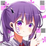  1girl :q bangs blush closed_mouth collared_shirt commentary_request deyui earbuds earphones eyebrows_visible_through_hair facepaint floral_background gochuumon_wa_usagi_desu_ka? grey_shirt hair_between_eyes hair_ornament hairclip hand_up long_hair looking_at_viewer purple_eyes purple_hair red_neckwear shirt sidelocks smile solo tedeza_rize tongue tongue_out twintails w 