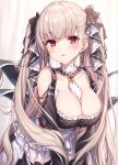  1girl azur_lane bare_shoulders between_breasts black_bow black_dress bow breasts cleavage collarbone commentary_request detached_collar dress earrings formidable_(azur_lane) frilled_dress frills hair_bow highres jewelry komeshiro_kasu large_breasts leaning_forward long_hair long_sleeves looking_at_viewer parted_lips red_eyes silver_hair solo standing twintails very_long_hair 