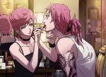  1boy 1girl applying_makeup aqua_eyes arm_tattoo breasts casual chandelier choker cleavage diavolo father_and_daughter ganno indoors jojo_no_kimyou_na_bouken lamp lipstick lipstick_tube makeup medium_breasts pink_hair tank_top tattoo trish_una vento_aureo 