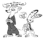  anthro black_and_white canid canine clothed clothing dialogue disney duo english_text fox hi_res jack_savage lagomorph leporid male mammal monochrome necktie nick_wilde nobby_(artist) rabbit suit text zootopia 