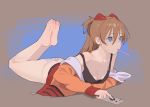  1girl ass barefoot blue_eyes breasts brown_hair cleavage controller hair_ornament jacket long_hair lying neon_genesis_evangelion off_shoulder on_stomach panties remote_control shikinami_asuka_langley solo souryuu_asuka_langley striped striped_panties tim_loechner underwear 