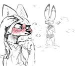  anthro blush bodily_fluids canid canine clothed clothing disney female fox jack_savage lagomorph leporid male mammal nobby_(artist) rabbit sketch skye_(zootopia) stare sweat towel zootopia 