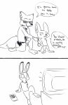  black_and_white canid canine clothed clothing comic dialogue disney english_text female fennec finnick fox group hi_res judy_hopps lagomorph leporid male mammal monochrome nick_wilde rabbit speech_bubble television text topless visiti zootopia 