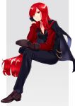  1girl alternate_costume black_gloves breasts cleavage crossed_legs fate/grand_order fate_(series) formal gloves hair_over_one_eye highres itsumi_mita jacket_on_shoulders oda_nobunaga_(fate) oda_nobunaga_(maou_avenger)_(fate) pants red_eyes red_hair sitting suit 
