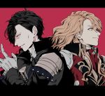  2boys black_hair ferdinand_von_aegir fire_emblem fire_emblem:_three_houses gloves hair_over_one_eye highres hubert_von_vestra long_hair multiple_boys orange_eyes orange_hair red_background reo000222 teeth upper_body yellow_eyes 