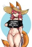  1girl absurdres animal_ear_fluff animal_ears bikini_bottom_removed bottomless breasts choker collarbone crop_top crop_top_overhang directional_arrow ears_through_headwear fate/extra fate_(series) fox_ears fox_girl fox_tail fuck-me_shirt hat highres large_breasts licking_lips meme_attire naughty_face pink_hair solo sun_hat tail tamamo_(fate)_(all) thick_thighs thighs tongue tongue_out yellow_eyes zana 
