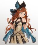  1girl bangs bare_shoulders black_bow black_hairband black_ribbon blue_cape blue_eyes bow bracelet breasts brown_dress cape collarbone dress gradient gradient_background granblue_fantasy grey_background hair_ribbon hairband hands_up highres houtengeki jewelry long_hair looking_at_viewer open_mouth orange_hair parted_bangs ribbon sara_(granblue_fantasy) simple_background small_breasts solo upper_body 