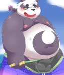  2019 alp_(tas) anthro bake_gosut belly blush bottomwear bulge clothing fur giant_panda hi_res humanoid_hands male mammal moobs nipples overweight overweight_male pubes purple_fur shorts solo tokyo_afterschool_summoners underwear undressing ursid video_games 