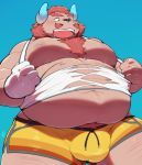  2019 absurd_res anthro belly blue_background blush bulge chernobog clothing hi_res horn humanoid_hands male moobs navel nipples overweight overweight_male quanjiang shirt simple_background solo swimwear tokyo_afterschool_summoners topwear video_games 