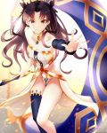  1girl absurdres bangs bare_shoulders black_hair blush boa_sorte breasts cleavage collarbone commentary_request earrings fate/grand_order fate_(series) hair_ribbon highres hoop_earrings ishtar_(fate/grand_order) jewelry long_hair long_legs long_sleeves looking_at_viewer medium_breasts parted_bangs red_eyes ribbon single_thighhigh smile solo thighhighs two_side_up 