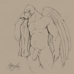  anthro avian beak bird erection feathered_wings feathers finch foreskin half-closed_eyes hi_res humanoid_penis kazzyboii looking_at_viewer male monochrome musclegut muscular muscular_male nude penis seductive sketch solo standing towel wings zary 