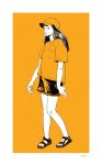  1girl bangs black_eyes black_hair black_skirt blunt_bangs breast_pocket cotoh_tsumi full_body hat highres long_hair looking_at_viewer monochrome orange_headwear orange_theme original pocket sandals shirt short_sleeves signature skirt solo standing t-shirt 