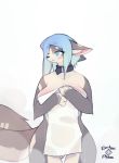  2019 anthro big_breasts blue_eyes blue_hair blush breasts canid canine canis choker countershading covering covering_self digital_media_(artwork) domestic_dog electrycpynk female fur gloves_(marking) grey_fur hair husky inner_ear_fluff jewelry mammal markings necklace nordic_sled_dog nude open_mouth signature simple_background solo spitz standing wet white_countershading 