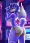  2019 5_fingers absurd_res anthro big_butt blue_fur blue_hair breasts butt canid canine casual_exposure clothed clothing cyberpunk female fingers fox fur green_eyes gun hair half-closed_eyes hi_res krystal loincloth mammal nintendo ranged_weapon short_hair solo star_fox tied_tail topless v-tal video_games weapon wide_hips 
