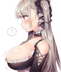  1girl ? azur_lane bangs bare_shoulders between_breasts black_dress blush breasts dress earrings eyebrows_visible_through_hair formidable_(azur_lane) frilled_dress frills from_side grey_hair hair_ribbon jewelry large_breasts long_hair motion_lines red_eyes ribbon sakura_yuki_(clochette) simple_background solo spoken_question_mark twintails two-tone_dress upper_body white_background 