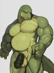  5_fingers anthro balls belly blue_eyes fingers green_scales humanoid_penis lizard looking_at_viewer male musclegut muscular muscular_male navel pecs penis reptile scales scalie slightly_chubby zerobadguy 