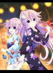  2girls absurdres adult_neptune ahoge animal_print blush breasts choker fish fish_print floral_print goldfish highres holding ileheart japanese_clothes kimono long_hair looking_at_viewer mask medium_breasts multiple_girls neptune_(neptune_series) neptune_(series) open_mouth print_kimono purple_eyes purple_hair ramu-on@_shinon sash shin_jigen_game_neptune_vii short_hair small_breasts smile very_long_hair white_background white_choker yukata 