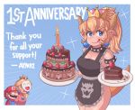  1boy 2girls apron ayyk92 birthday birthday_cake black_apron blonde_hair blue_earrings blue_eyes bowsette brown_hair cake candle collar commentary crown dress english_text facial_hair food fruit goomba hat highres long_hair mario mario_(series) mask multiple_girls mustache naked_apron new_super_mario_bros._u_deluxe nintendo overalls pink_dress plate princess_peach short_hair spiked_armlet spiked_collar spikes strawberry super_crown tail turtle_shell 