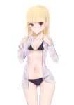  1girl ass_visible_through_thighs bangs bikini bikini_under_clothes black_bikini blonde_hair blunt_bangs breasts closed_mouth collarbone collared_shirt commentary_request eyebrows_visible_through_hair food highres holding holding_food jilu long_hair long_sleeves looking_at_viewer navel open_clothes open_shirt original popsicle red_eyes shirt simple_background small_breasts solo swimsuit white_background white_shirt 
