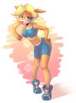  2016 absurd_res activision anthro bandicoot big_breasts black_nose blonde_hair blue-topwear blue_bottomwear blue_clothing blue_footwear blue_shoes blue_shorts blue_topwear bottomwear bra breasts clothed clothing crash_bandicoot_(series) digital_media_(artwork) eyebrows eyelashes eyeshadow female footprint footwear full-length_portrait fur green_eyes hair hand_on_hip hand_on_mouth hi_res lipstick long_hair looking_at_viewer makeup mammal marsupial midriff pawprint pink_lipstick portrait pose shoes shorts simple_background smile solo sony-shock sports_bra standing topwear underwear unnamed_character video_games 