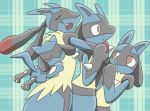  ambiguous_gender anthro black_fur blue_fur fur glomp group lucario nintendo pattern_background pok&eacute;mon pok&eacute;mon_(species) red_eyes riolu sikai simple_background surprise video_games 