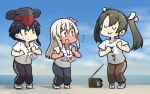  3girls :3 alternate_costume black_hair blue_eyes brown_eyes closed_eyes dancing flower flying_sweatdrops grey_hair hair_between_eyes hair_flower hair_ornament hamu_koutarou highres i-13_(kantai_collection) kantai_collection long_hair looking_at_another looking_to_the_side multiple_girls outdoors radio remodel_(kantai_collection) ribbon ro-500_(kantai_collection) shirt shoes short_hair sweatdrop twintails uwu white_ribbon zui_zui_dance zuikaku_(kantai_collection) 