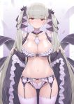  1girl absurdly_long_hair azur_lane bare_shoulders between_breasts black_bra black_choker black_nails blush bra breasts choker cleavage cowboy_shot crystal_shoujo dress eyebrows_visible_through_hair flight_deck floral_background formidable_(azur_lane) frilled_bra frilled_dress frills garter_belt gradient gradient_background grey_hair groin hands_up highres large_breasts long_hair nail_polish navel panties red_eyes shiny shiny_skin skirt_hold thighhighs twintails two-tone_dress two-tone_ribbon underwear very_long_hair white_choker white_legwear white_panties 