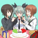  3girls anchovy anzio_school_uniform bangs brown_hair cake cape drill_hair feeding food fork gift girls_und_panzer green_hair kuromorimine_school_uniform long_hair long_sleeves multiple_girls mutsu_(layergreen) neckerchief necktie nishizumi_maho nishizumi_miho ooarai_school_uniform open_mouth school_uniform short_hair twin_drills twintails 