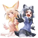  2girls :3 absurdres animal_ear_fluff animal_ears bangs black_neckwear black_skirt blonde_hair bow bowtie brown_eyes common_raccoon_(kemono_friends) cowboy_shot cropped_legs fang fennec_(kemono_friends) fox_ears fur_collar grey_hair highres kemono_friends lain looking_at_viewer middle_w multiple_girls pink_sweater puffy_short_sleeves puffy_sleeves raccoon_ears short_sleeve_sweater short_sleeves skirt sweater v white_skirt yellow_neckwear 