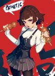  1girl artist_name black_skirt braid brown_hair cream crown_braid dango english_text food looking_at_viewer niijima_makoto open_mouth optionaltypo pantyhose persona persona_5 phallic_symbol pleated_skirt red_background school_uniform sexually_suggestive short_hair shuujin_academy_uniform skirt solo speech_bubble standing suspenders turtleneck wagashi 