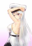  1girl arm_up azur_lane bangs bare_arms bare_shoulders belt black_belt black_neckwear breasts collared_shirt commentary_request ears_visible_through_hair enterprise_(azur_lane) eyebrows_visible_through_hair from_side fujikusa furrowed_eyebrows hand_on_headwear hat high_belt highres large_breasts light_blush long_hair looking_at_viewer looking_to_the_side necktie peaked_cap purple_eyes shirt sideboob silver_hair sleeveless sleeveless_shirt solo upper_body very_long_hair white_headwear wing_collar 