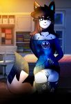  annie_(stariaat) anthro blue_blush blue_eyes blush bottomless brown_ears brown_hair canid canine clothed clothing detailed_background female fox fur hair hi_res interspecies legwear mammal no_underwear partially_clothed pussy stockings underwear white_fur youtube youtuber 