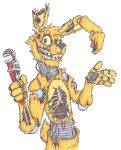  2019 3_fingers absurd_res animatonic anthro bone buckteeth damaged drawing fangs fingers five_nights_at_freddy&#039;s five_nights_at_freddy&#039;s_3 front_view fur grin hare hi_res holding_object krolik lagomorph leporid long_ears looking_at_viewer machine male mammal pawpads pose rabbit robot signature smile solo solo_focus springtrap_(fnaf) standing teeth tools traditional_media_(artwork) video_games wire wrench yellow_fur 