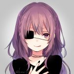  1girl avatar_icon bangs black_eyepatch black_nails choker closed_mouth commentary_request eyepatch grey_background hand_up kuroi_(liar-player) long_hair looking_at_viewer nail_polish original purple_eyes purple_hair ribbon_choker smile solo upper_body wavy_hair 