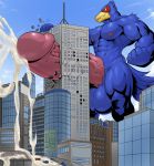  anthro avian balls biceps big_balls big_penis bird bodily_fluids building building_penetration city cum cum_on_ground destruction erection falco_lombardi genital_fluids grin hi_res humanoid_penis hyper macro male mammal masterelrest muscular nintendo penis smile solo star_fox video_games 