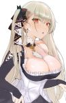  1girl absurdly_long_hair azur_lane between_breasts black_dress breasts cleavage dress earrings eyebrows_visible_through_hair formidable_(azur_lane) frilled_dress frills grey_hair hair_ribbon jewelry large_breasts long_hair open_mouth preview_(preview0) red_eyes ribbon simple_background solo twintails two-tone_dress two-tone_ribbon very_long_hair white_background 
