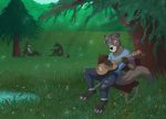  anthro bench claws clothing dust_the_otter flower forest grass heterochromia hi_res lutrine male mammal mustelid paperpony park paws plant pond smaller_version_at_source tree ukulele water 