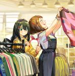  2girls asui_tsuyu black_hair boku_no_hero_academia bracelet brown_hair clothes_hanger hair_between_eyes hair_ornament hairband hairclip hat holding holding_shirt jewelry long_hair long_sleeves multiple_girls open_mouth overalls profile shirt shoes shopping short_hair short_sleeves smile tamomoko uraraka_ochako white_shirt yellow_shirt 