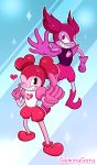  &lt;3 2019 absurd_res alien blush boots bottomwear cartoon_network clothing duo female footwear gaminggoru gem_(species) gesture gloves hair handwear hi_res humanoid not_furry one_eye_closed pink_hair pink_skin pointing signature simple_background smile sparkles spinel_(steven_universe) steven_universe teeth wink young 