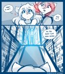  2019 aged_down anthro blue_background blush bookshelf canid canine canis clothed clothing comic conditional_dnp cub dialogue duo english_text female hi_res inside keidran library mammal monochrome raine_silverlock roselyn_(twokinds) simple_background sketch smile stare text tom_fischbach twokinds webcomic window wolf young 