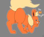  all_fours butt delta&#039;s_art eeveelution english_text female flareon fur hi_res looking_at_viewer looking_back nintendo orange_fur pok&eacute;mon pok&eacute;mon_(species) presenting presenting_hindquarters pussy simple_background smile solo text video_games 