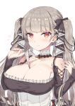  1girl azur_lane bangs between_breasts black_ribbon blunt_bangs blush breasts cleavage closed_mouth collarbone commentary_request earrings eyebrows_visible_through_hair formidable_(azur_lane) hair_ribbon highres jewelry large_breasts long_hair looking_at_viewer otousan952 red_eyes ribbon silver_hair simple_background smile solo twintails two-tone_ribbon white_background white_ribbon 