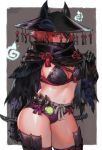  1girl adapted_costume aoin bikini breasts cleavage cloak covering_mouth gauntlets glowing glowing_eye half_mask hat highres horned_headwear looking_at_viewer monster_hunter monster_hunter:_world navel odogaron_(master_rank_armor) red_hair solo stomach swimsuit thighhighs 