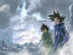  2boys annoyed black_eyes black_hair blue_coat blurry bokeh breath clothes_writing coat covered_mouth crossed_arms day depth_of_field dragon_ball dragon_ball_super dragon_ball_super_broly dragon_ball_z dutch_angle expressionless fisheye floating_hair frown gloves green_coat grey_sky hands_in_pockets highres horizon looking_away looking_up male_focus mattari_illust mountain multiple_boys outdoors profile shaded_face son_gokuu spiked_hair standing upper_body vegeta white_gloves wide-eyed wide_shot winter_clothes winter_coat 